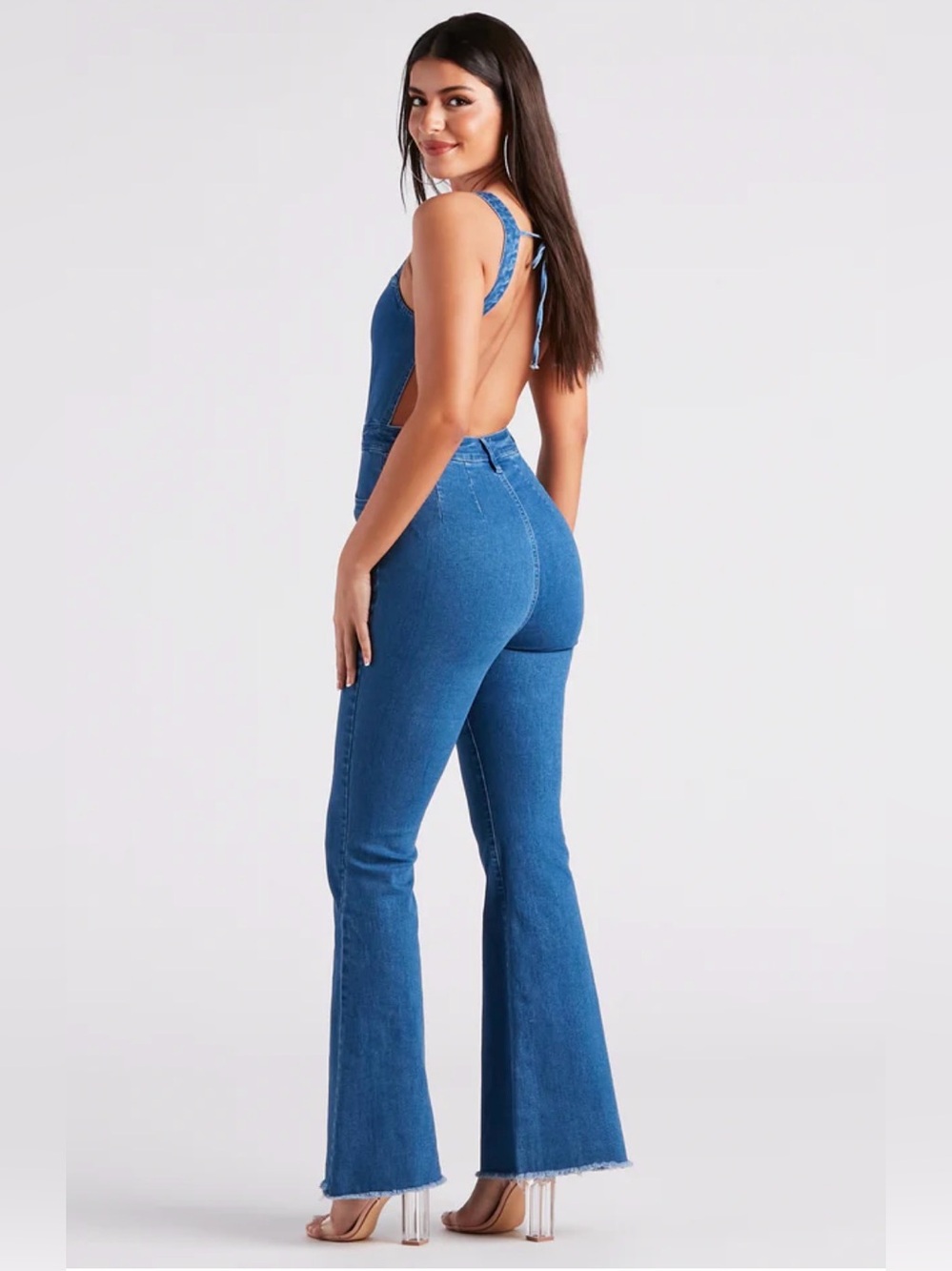 Windsor Blue Denim Zip-Front Flare Jumpsuit - Picture 2 of 7